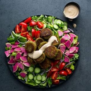 Falafel salad with lemon-tahini dressing