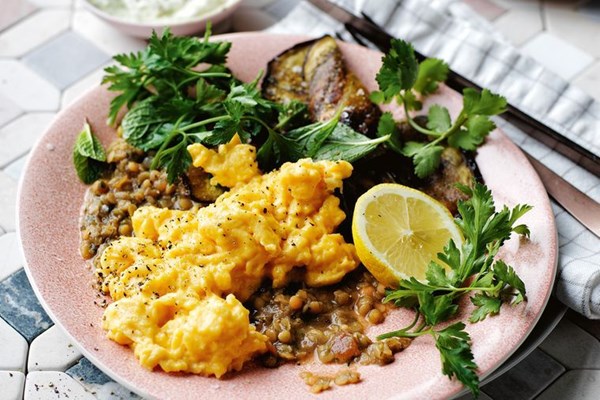 Falafel-spiced dhal, eggs, smoky eggplant and zhoug