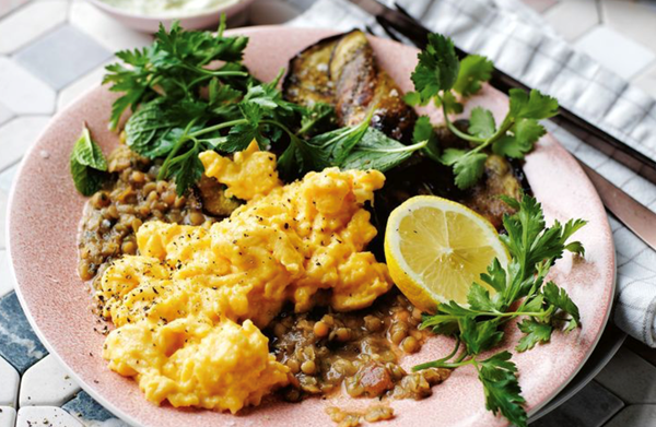 Falafel-spiced dhal, eggs, smoky eggplant and zhoug