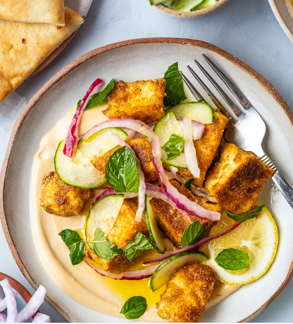 Falafel-spiced tofu with whipped tahini