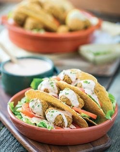 Falafel tacos with Sriracha-tahini sauce