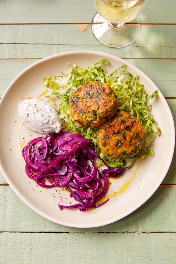 Falafel with pickled red cabbage and whipped feta