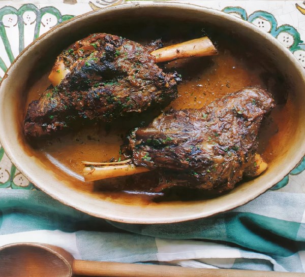 Fall-apart lamb shanks with almond-chocolate picada