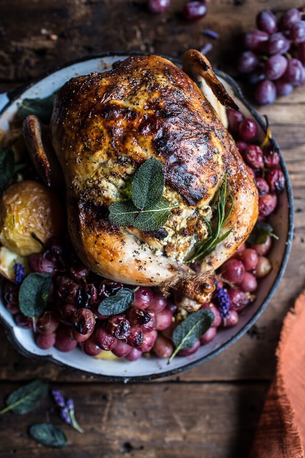 Fall harvest cider roasted chicken with walnut goat cheese + grapes