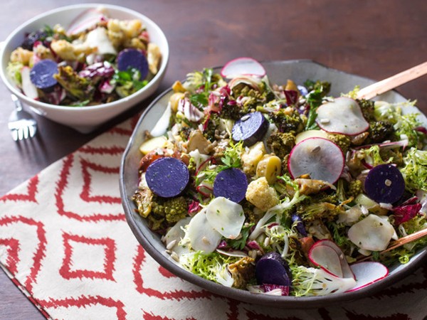 Fall harvest salad with roasted brassicas, fingerlings, and radishes