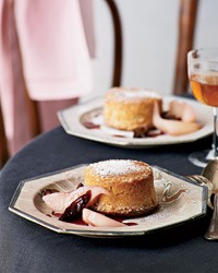Fallen toasted-almond soufflés with poached pears and prunes