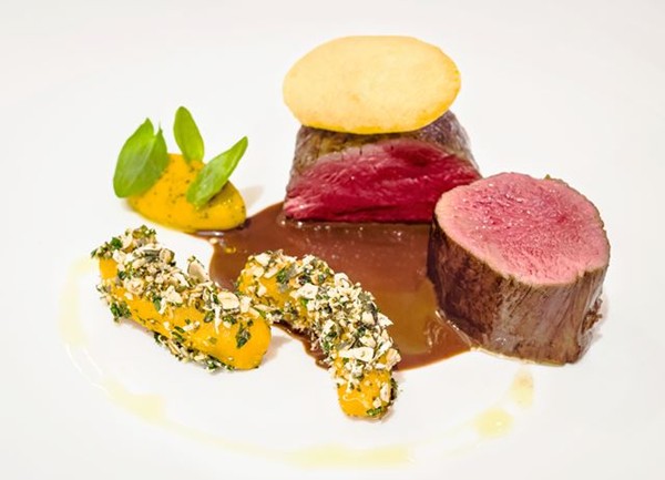 Fallow deer, pumpkin, passion fruit and smoked sauce grand veneur 