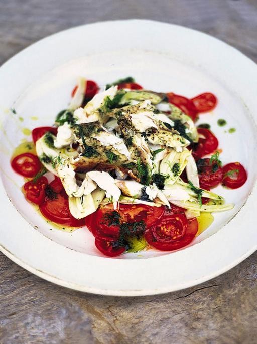 Fantastic tomato and fennel salad with flaked barbecued fish