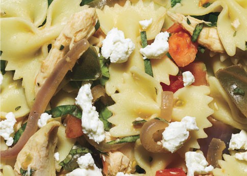 Farfalle with chicken, tomatoes, caramelized onions, and goat cheese