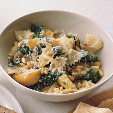 Farfalle with golden beets, beet greens, and pine nuts