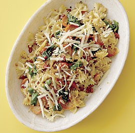 Farfalle with golden beets, beet greens, and prosciutto