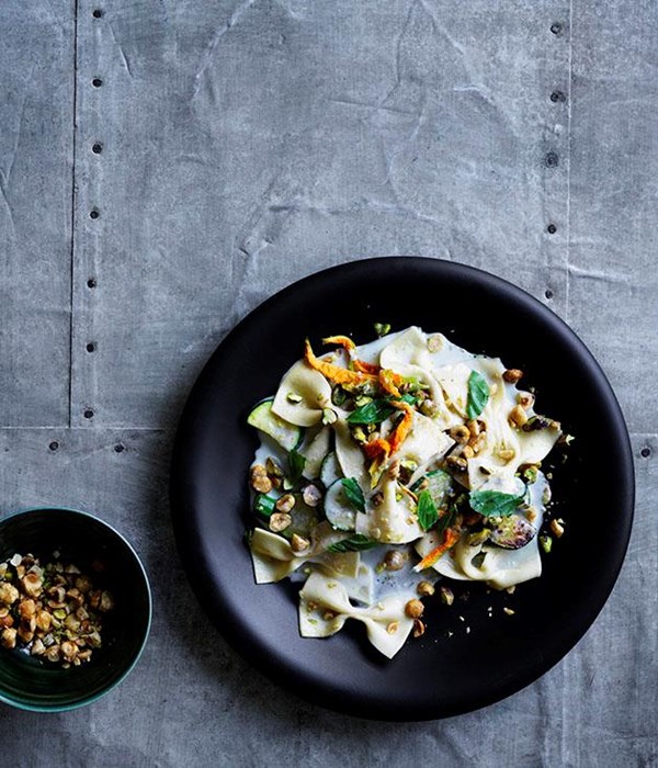 Farfalle with Gorgonzola fonduta, zucchini, basil & toasted nuts