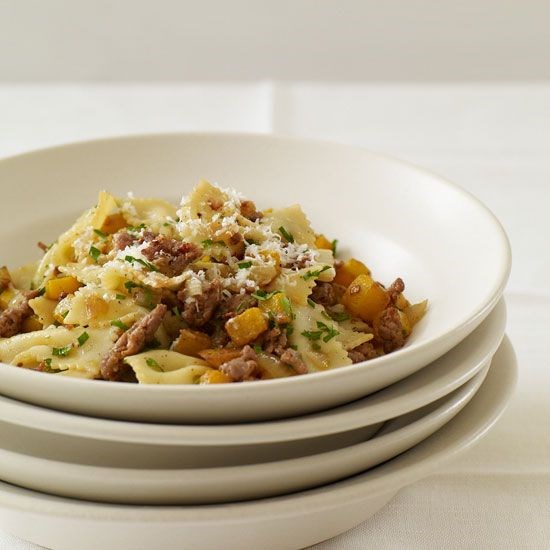 Farfalle with spicy sausage and butternut squash