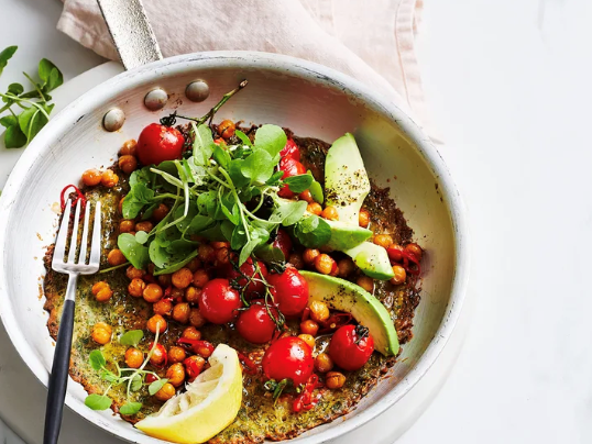 Farinata with blistered tomatoes and chilli chickpeas