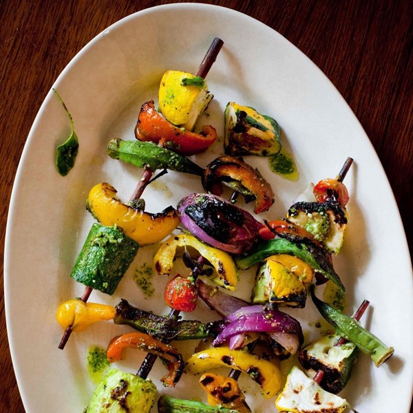 Farm-stand grilled vegetable skewers with pesto vinaigrette