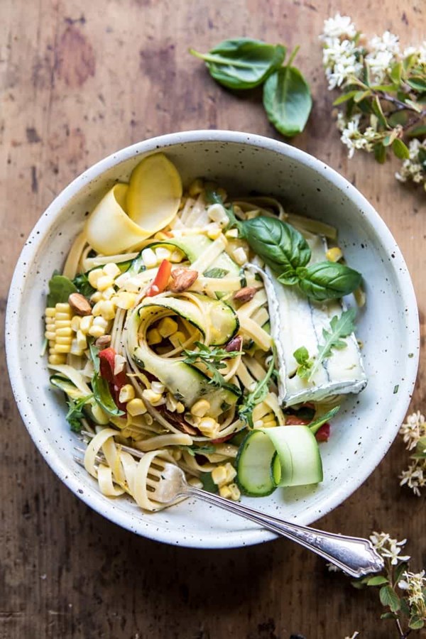 Farmers market goat cheese pasta primavera with marinated veggies