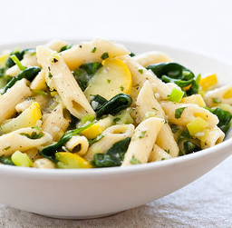Farmers' market pasta with leeks, spinach, and summer squash