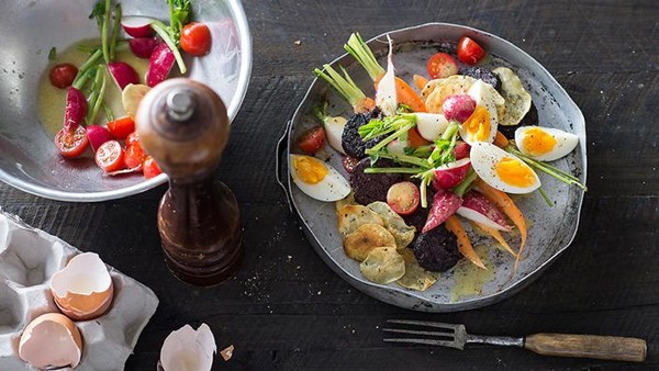 Farmer's salad with potatoes, eggs & black pudding [Matthew Evans]