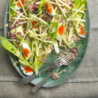 Farmhouse salad with ham, soft-boiled eggs, Gruyère cheese and home-made salad cream