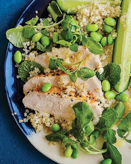 Farro & edamame salad with chicken & mint