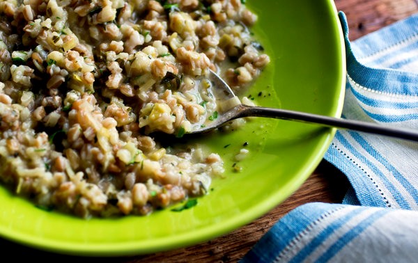 Farro and arborio risotto with leeks, herbs and lemon