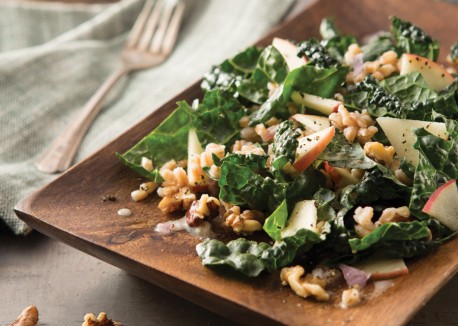 Farro and dinosaur kale salad with coconut milk shallot dressing