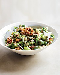Farro and green olive salad with walnuts and raisins