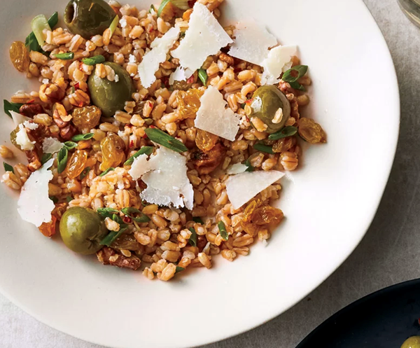 Farro and green olive salad with walnuts and raisins