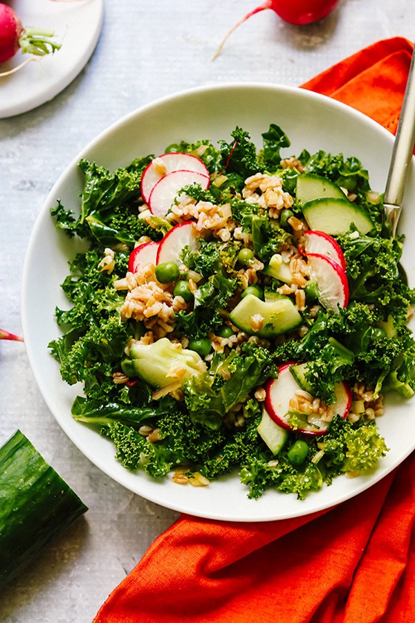 Farro and kale salad with saffron vinaigrette