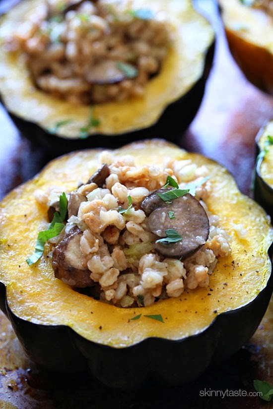 Farro and sausage stuffed roasted acorn squash