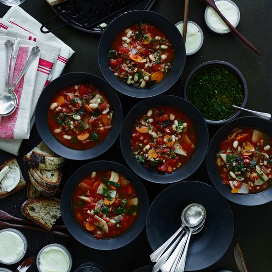 Farro and white bean soup with Swiss chard and herb oil