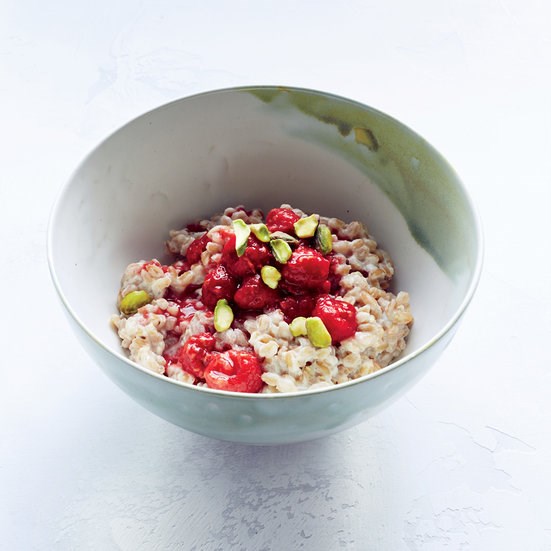 Farro breakfast porridge with raspberries