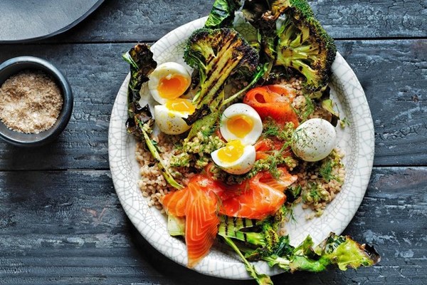Farro, broccoli, smoked trout & soft egg salad
