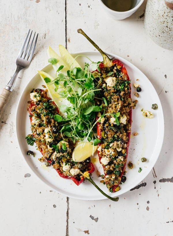 Farro, caper and feta filled Romano peppers