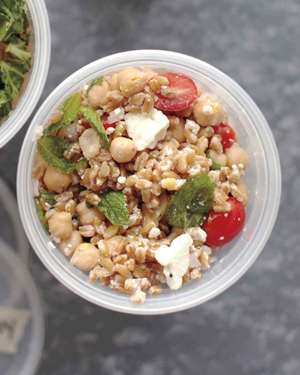 Farro, chickpea, feta, and mint salad
