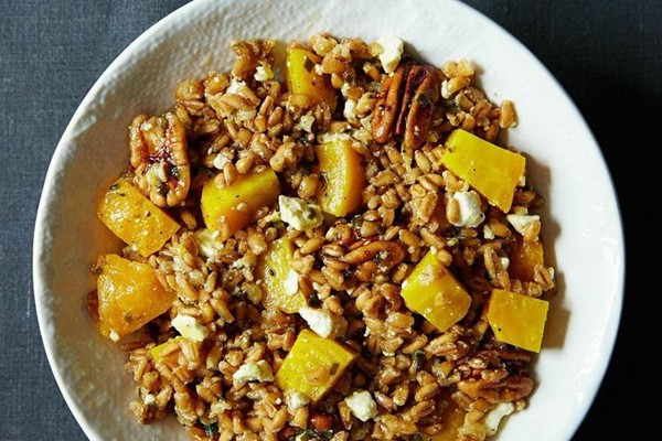 Farro, golden beet, and feta salad with pecans and chive-sage dressing