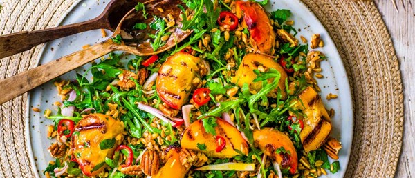 Farro, grilled peach and pecan salad