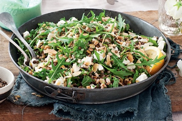 Farro, lentil & goat's cheese salad with avocado dressing