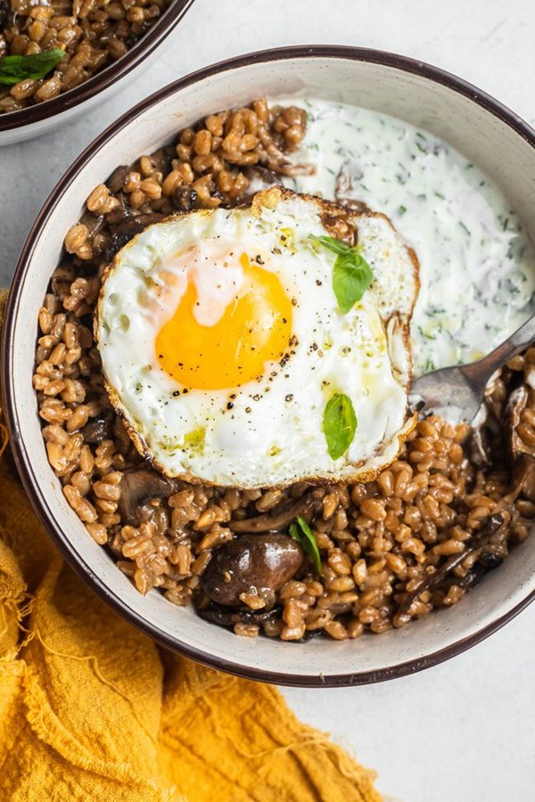 Farro, mushroom, and egg grain bowls