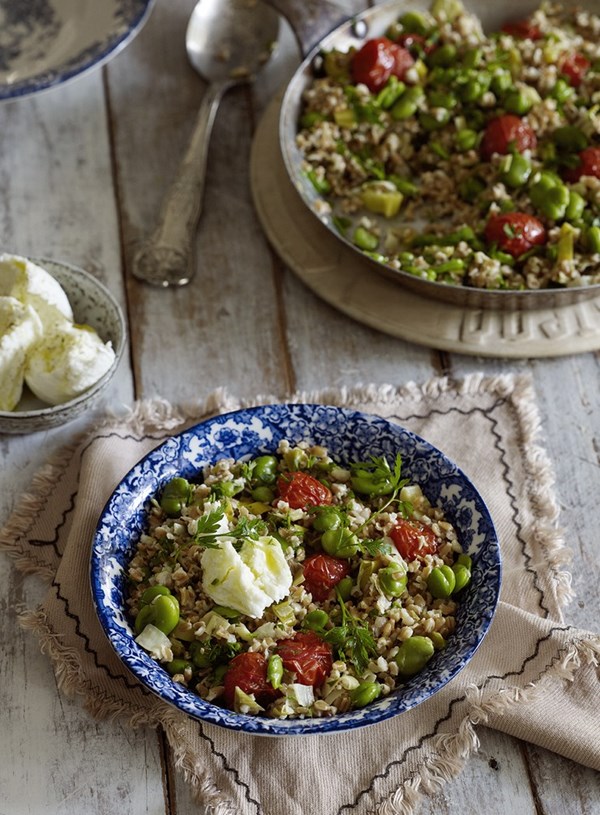 Farro risotto, roasted tomatoes, broad beans and mozzarella