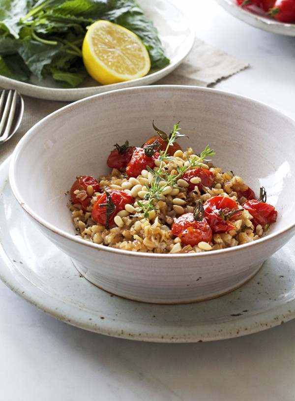 Farro "risotto" with slow-roasted cherry tomatoes and pine nuts