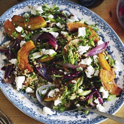 Farro, roasted pumpkin and red onion salad