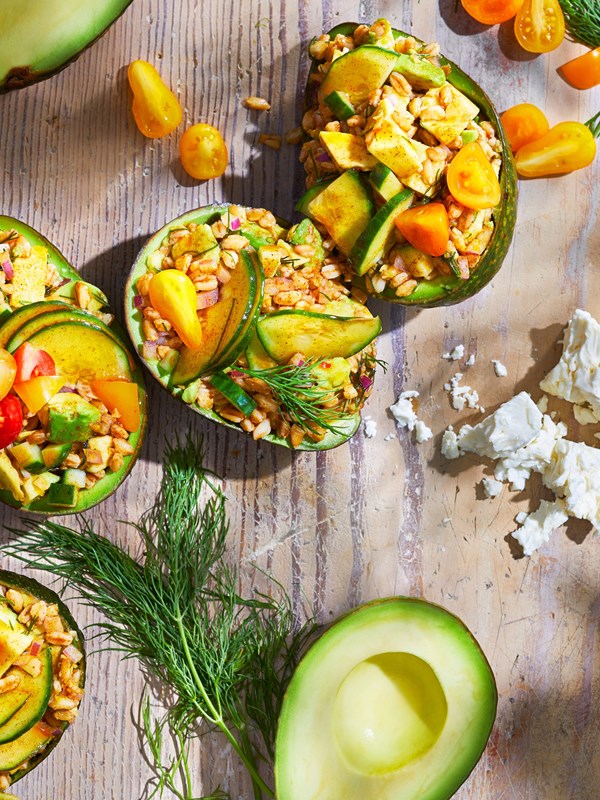 Farro salad-stuffed avocados