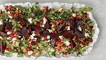 Farro salad with beets, pistachios, and pomegranate