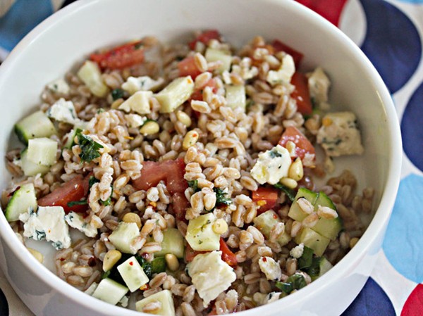 Farro salad with blue cheese, pine nuts, and tomatoes