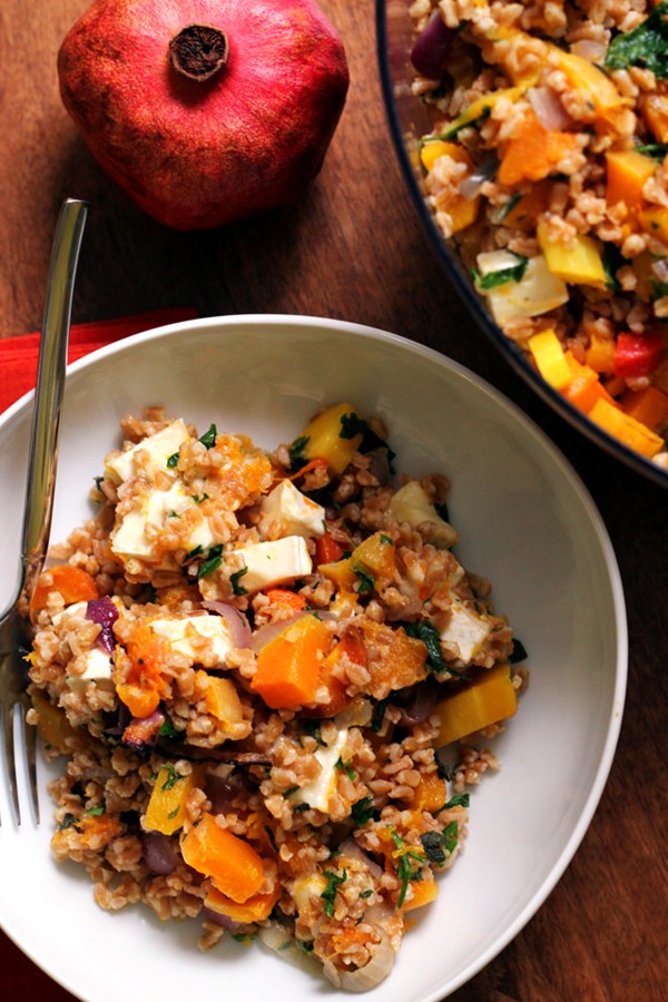 Farro salad with butternut squash, red onions, and Brie