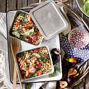 Farro salad with cherry tomatoes, onion, and almonds