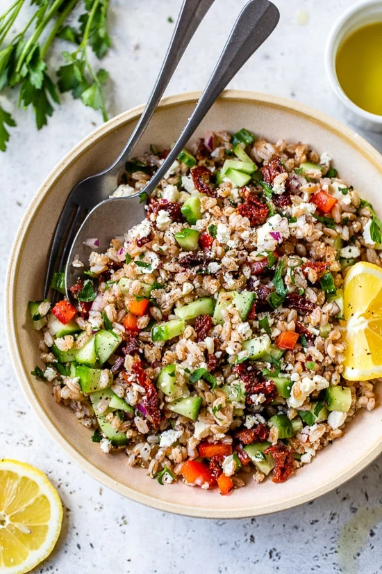 Farro salad with feta cucumbers and sun-dried tomatoes
