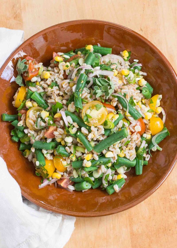 Farro salad with green beans, corn, and cherry tomatoes