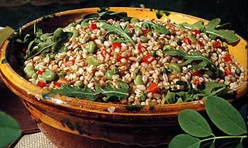 Farro salad with peas, favas, arugula and tomatoes